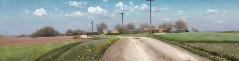 Vorfrühlingstag entlang einer Straße mit Telegraphenmasten und Löwenzahn am Straßenrand. Im Hintergrund ein Dorf 1906