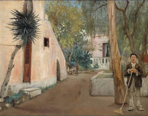Tuinpad Bij Albergo Del Sole. Aan de linkerkant een palmboom bij een roze huis. Pompeï