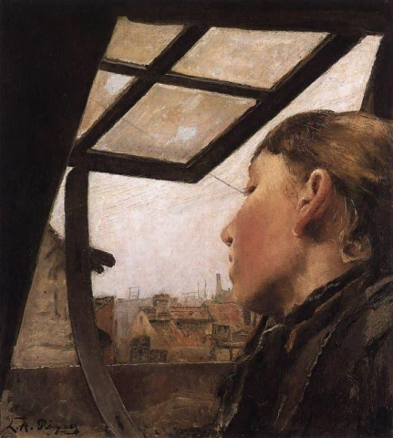 Meisje kijkt uit een dakraam, 1885