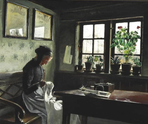 Interior With Sewing Woman 1909