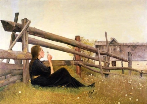 kesäkuuta. Tyttö puhaltaa voikukan siemeniä 1899