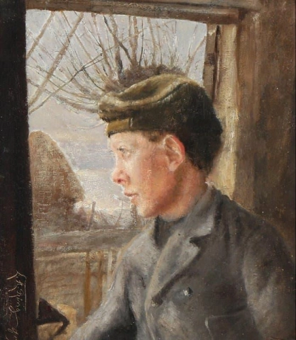Porträtt av en bondpojke vid en öppen halvdörr 1885