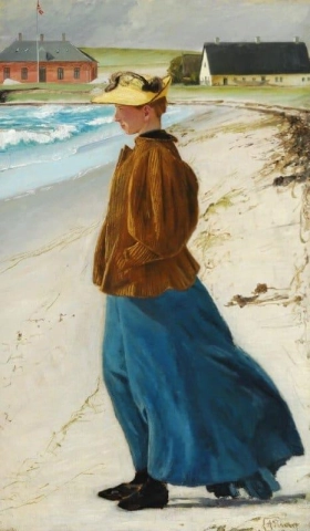 西格丽德戴着草帽站在 Karreb Ksminde 的海滩上 1897