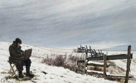 冬の画家。画家アーゲ・ベルテルセンの仕事中の雪の風景