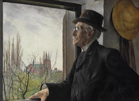 Vista desde Sankt Jorgensbjerg en Roskilde con un anciano mirando por la ventana