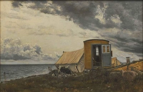 Utsikt over en strand med kunstnerens vogn og telt på Eno 1913