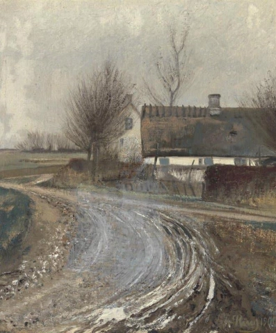 Зимний пейзаж с грязной дорогой, вьющейся мимо побеленной фермы 1907