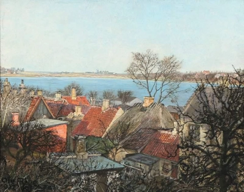 Una vista sui tetti con il fiordo di Roskilde in lontananza 1922