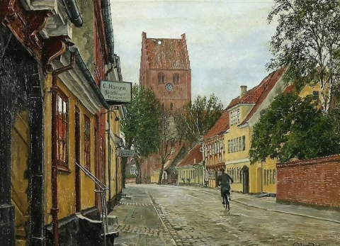 Straßenansicht von Koge mit der St.-Nikolaus-Kirche im Hintergrund 1958
