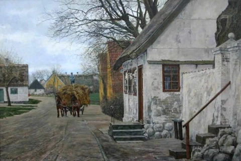 Деревня с повозкой, запряженной лошадьми, 1953 г.