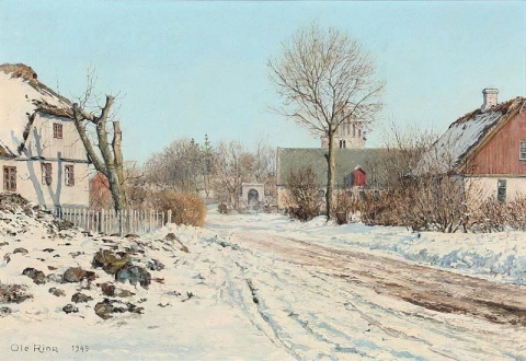 Vinterns dag i bygatan med utsikt över kyrkan 1949