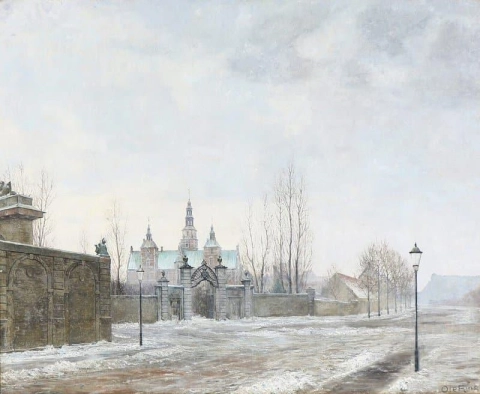 Scena invernale da Copenaghen con il castello di Rosenborg visto da Ostervoldgade