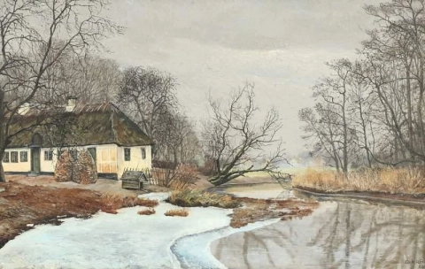 茅葺きの木骨造りの家のある冬の風景 1931