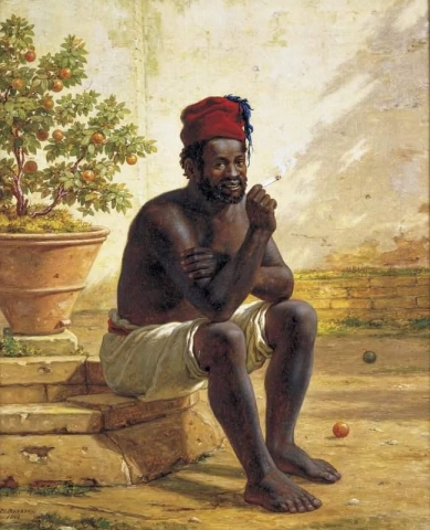 Istuva nubialainen polttaa tupakkaa 1846