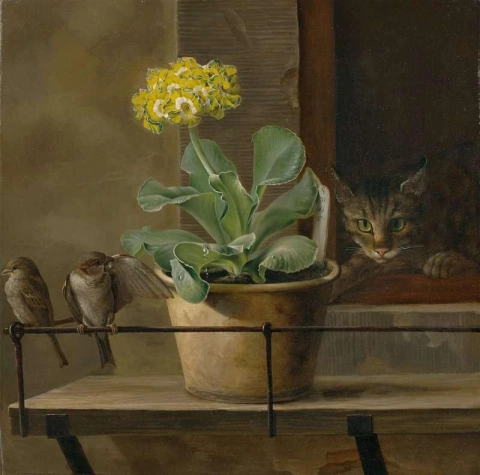 植木鉢にサクラソウのある静物 猫と 2 羽のスズメ 1823