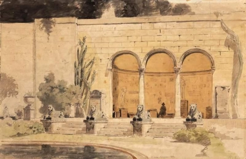 博尔盖塞别墅门廊 Dei Leoni 景观，罗马 1841 年