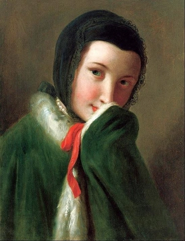 1750年后戴黑色蕾丝围巾、绿色外套、白色毛皮的女人肖像