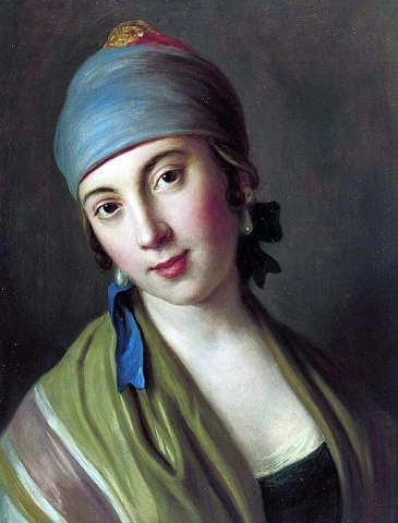1750年后戴蓝色围巾和条纹披肩的女人肖像