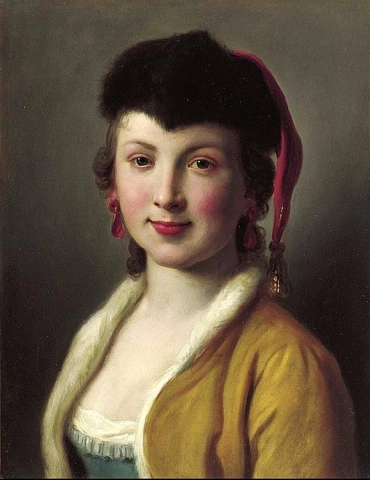 1750년 이후 금 술이 달린 금 자켓 모피 모자를 쓴 여성의 초상화