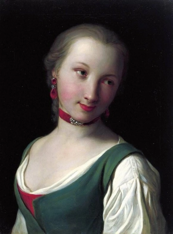 Porträtt av en kvinna med grön väst vit blus och röd choker efter 1750