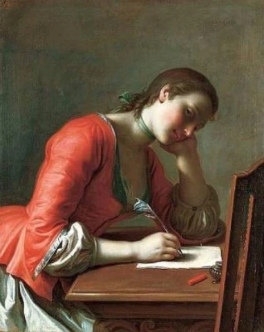 Ung jente som skriver et kjærlighetsbrev ca. 1755