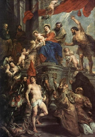 La Virgen en el trono con el niño y los ángeles.