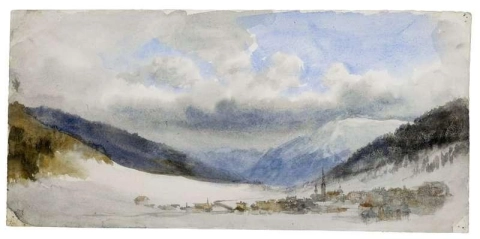 En sveitsisk alpelandsby om vinteren ca. 1858 eller 1873