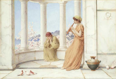 Klassische Jungfrauen auf der Terrasse. Eine spielt eine Aulos