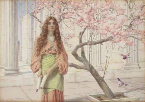Ung kvinna framför ett blommande träd