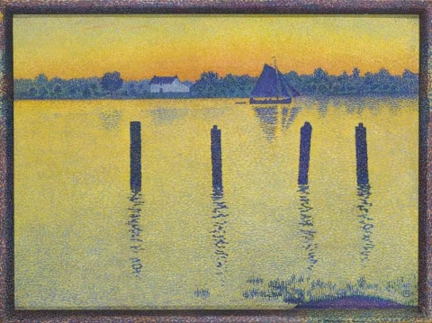 夕方のアントワープ上流のスヘルデ川またはスヘルデ川の帆船 1892
