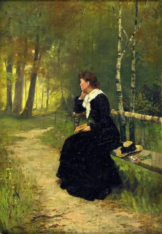 Meisje op bankje in het park 1879