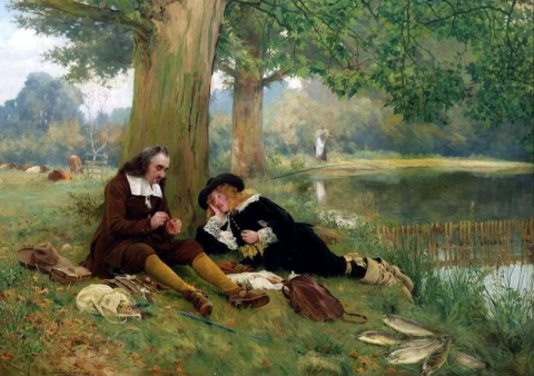 Een vlieg binden - Izaak Walton en John Offley aan de waterkant, 1884