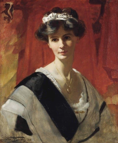 Retrato da Sra. Florence Cox Nee Lane, meio corpo em um vestido branco com faixa preta, 1912