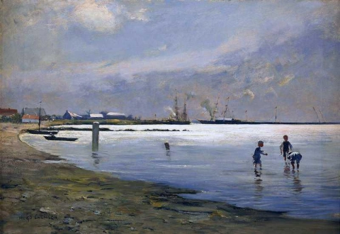 Pojat leikkivät vedessä - motiivi Trelleborgin satamasta