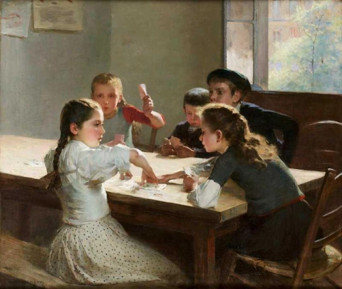 Interior com crianças jogando cartas