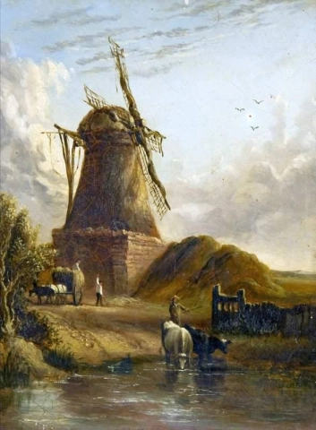 Landschaft mit Heukarrenvieh und Figuren vor einer Windmühle