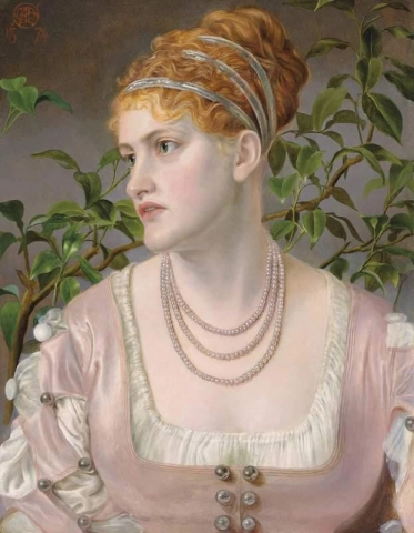 真珠のネックレスを着けた胸までの長さのメアリー・エマ・ジョーンズの肖像画 1874年