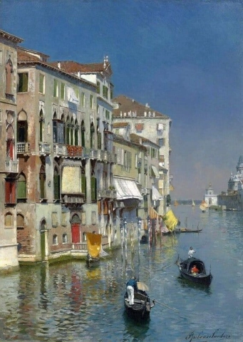 Góndolas en el Gran Canal La Dogana y Santa Maria Della saludan más allá de Venecia