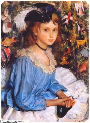 Katya i blått ved juletreet