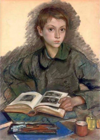 Portret van Aleksandr Serebriakov die een album bestudeert, 1922