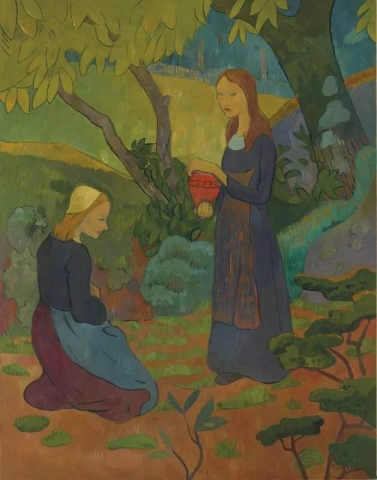 Young Breton Woman With Vermilion Pot And Kneeling Girl 1892