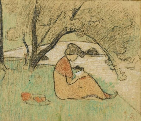 Marguerite Serusier liest in der Nähe des Flusses