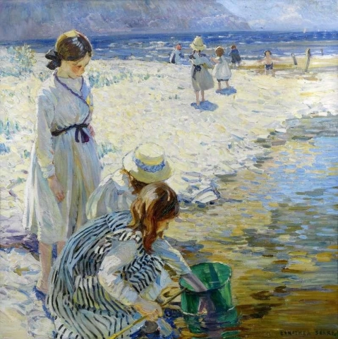 Children Shrimping On A Beach