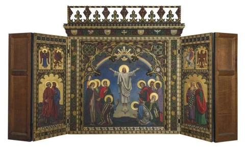 Reredos, joka kuvaa Kristuksen taivaaseenastumista neljän evankelistan ympäröimänä Bournemouthin Pyhän Kolminaisuuden kirkolle 1910