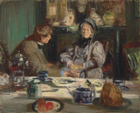 الرسام سيكرت ووالدته يتناولان الإفطار في نوفيل، كاليفورنيا، عام 1912