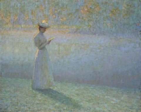 Kvinne som leser i et landskap 1898
