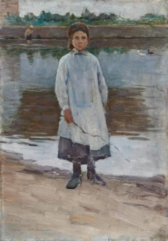 Liten jente ved vanningstrauet 1890