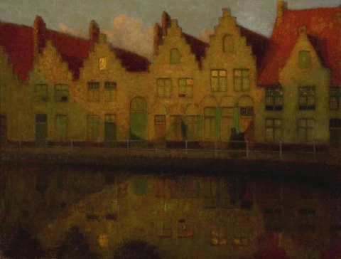 Laskeva aurinko talojen yllä Bruggessa 1899