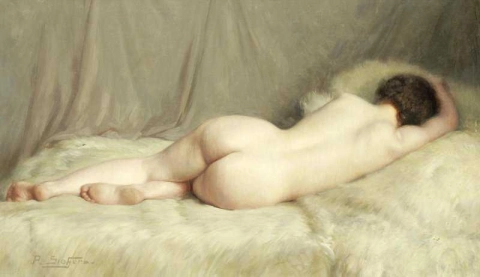 Desnudo reclinado sobre una alfombra de piel