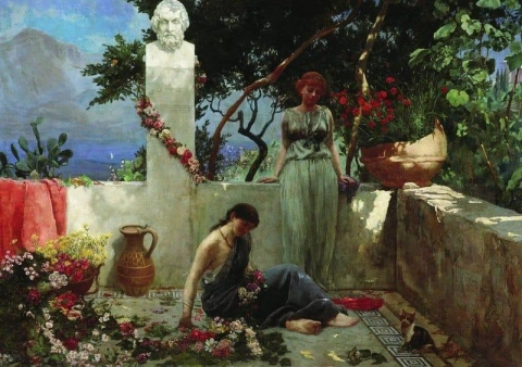 Mädchen auf der Terrasse an der Büste von Homer 1890